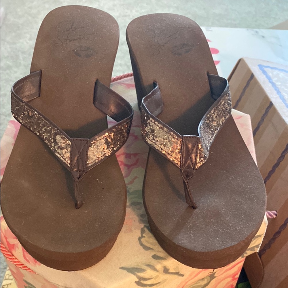 Brown Glitter Wedge Sandals